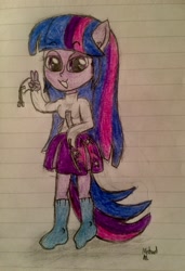 Size: 2232x3264 | Tagged: safe, alternate version, artist:michaelmaddox222, character:twilight sparkle, species:human, my little pony:equestria girls, bondage, catface, clothing, colored, cute, female, lined paper, looking at you, peace sign, ponied up, signature, socks, solo, straitjacket, tail, traditional art