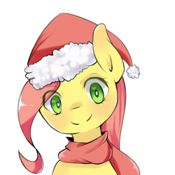 Size: 1500x1500 | Tagged: safe, artist:papibabidi, character:fluttershy, species:pegasus, species:pony, bust, christmas, clothing, female, full face view, hat, head tilt, holiday, looking at you, mare, portrait, santa hat, scarf, simple background, smiling, solo, white background, wrong eye color
