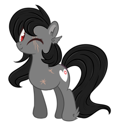 Size: 600x645 | Tagged: safe, artist:sinamuna, base used, oc, oc only, oc:livestrong, species:pegasus, species:pony, amputee, au:equuis, black hair, colored eyelashes, eye scar, feathered ears, feathered hooves, female, mare, one eye closed, red eyes, redesign, scar, simple background, smiling, solo, transparent background, updated design, wink