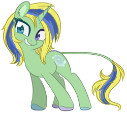 Size: 600x536 | Tagged: safe, artist:sinamuna, base used, oc, oc only, oc:lemon pop, species:pony, species:unicorn, alternate universe, au:equuis, blonde hair, blue eyes, blue hair, colored hooves, cutie mark, female, full body, green fur, heterochromia, horn, leonine tail, mare, multicolored hair, purple eyes, redesign, simple background, smiling, solo, transparent background, updated design