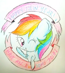 Size: 1992x2240 | Tagged: safe, artist:sumi-mlp25, character:rainbow dash, banners, female, happy new year, happy new year 2019, holiday, one eye closed, raised hoof, simple background, solo, traditional art, wink