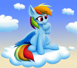 Size: 1689x1488 | Tagged: safe, artist:ikarooz, character:rainbow dash, species:pegasus, species:pony, cloud, dreamworks face, female, mare, on a cloud, smiling, solo
