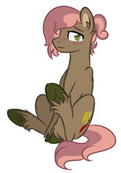 Size: 600x854 | Tagged: safe, artist:sinamuna, base used, oc, oc only, oc:show stopper, parent:button mash, parent:sweetie belle, parents:sweetiemash, species:pony, nextgen:sinverse, blushing, brown fur, facial hair, green eyes, male, next generation, offspring, pink hair, ponytail, sitting, smiling, solo, stallion, stubble