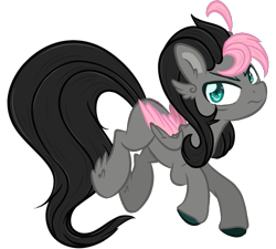 Size: 1071x964 | Tagged: safe, artist:sinamuna, base used, oc, oc only, oc:humble shade, parent:fluttershy, parent:king sombra, parents:sombrashy, species:pegasus, species:pony, nextgen:sinverse, ahoge, angry, bags under eyes, black hair, colored hooves, colored wings, colored wingtips, feathered ears, feathered hooves, folded wings, gray fur, green eyes, grumpy, male, next generation, offspring, pink hair, redesign, simple background, solo, stallion, tired eyes, transparent background, updated design, wings
