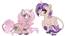Size: 600x330 | Tagged: safe, artist:sinamuna, base used, oc, oc only, oc:cinnamon beat, oc:peppermint song, species:pony, species:unicorn, au:equuis, awkward smile, blushing, brown eyes, brown fur, colored hooves, curly hair, cutie mark, duo, eyeshadow, female, gradient hair, horn, leonine tail, long hair, lying down, makeup, mare, multicolored hair, pink hair, purple eyes, purple hair, redesign, short hair, siblings, sisters, smiling, smirk, solo, updated design