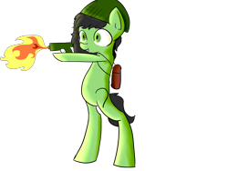 Size: 4600x3450 | Tagged: safe, artist:dumbwoofer, oc, oc:filly anon, species:earth pony, species:pony, burn, clothing, female, filly, fire, flamethrower, foal, hat, pyro, standing, weapon