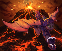 Size: 2452x2000 | Tagged: safe, artist:magicbalance, oc, oc only, oc:dawn sentry, species:bat pony, bat pony oc, eruption, flying, lava, spread wings, volcano, wing claws, wings