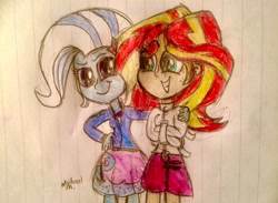 Size: 3264x2388 | Tagged: safe, artist:michaelmaddox222, character:sunset shimmer, character:trixie, ship:suntrix, my little pony:equestria girls, bondage, female, grin, happy bondage, lesbian, lined paper, shipping, smiling, straitjacket, traditional art