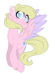Size: 600x900 | Tagged: safe, artist:sinamuna, base used, oc, oc only, oc:daffodil sky, species:pegasus, species:pony, au:equuis, blonde hair, blue eyes, blushing, cutie mark, feathered hooves, female, flying, mare, redesign, smiling, updated design, wings