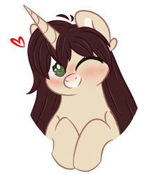 Size: 600x737 | Tagged: safe, artist:sinamuna, base used, oc, oc only, oc:cinnamon fawn, ponysona, species:pony, species:unicorn, blushing, brown hair, bust, chubby, cute, female, freckles, green eyes, hazel eyes, heart, hooves together, horn, long hair, mare, one eye closed, smiling, solo, wink