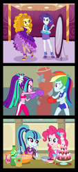 Size: 679x1500 | Tagged: safe, artist:sapphiregamgee, character:adagio dazzle, character:aria blaze, character:pinkie pie, character:rainbow dash, character:rarity, character:sonata dusk, g4, my little pony: equestria girls, my little pony:equestria girls, apple juice, apron, armpits, belly button, bonding, boxing gloves, cake, choker, clothing, commission, dress, food, friendshipping, fruit punch, high heels, ice cream, juice, midriff, mirror, pants, punching bag, raspberry (food), reformed, shoes, shoulderless, sleeveless, sports bra, sports shorts, the dazzlings, the reformed dazzlings, tongue out, workout, workout outfit, yoga pants