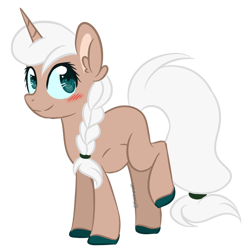 Size: 600x605 | Tagged: safe, artist:sinamuna, base used, oc, oc only, oc:sugar glaze, species:pony, species:unicorn, au:equuis, blushing, braid, brown fur, colored hooves, female, green eyes, horn, mare, ponytail, pregnant, redesign, simple background, smiling, solo, transparent background, updated design, white hair