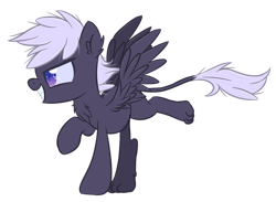 Size: 600x440 | Tagged: safe, artist:sinamuna, base used, oc, oc only, oc:stormwake, species:hippogriff, species:pony, nextgen:pandaverse, cocky, colt, fangs, grin, hippogriff oc, hooves, hybrid, hybrid offspring, leonine tail, male, paws, pegagryph, purple eyes, purple fur, purple hair, redesign, running, smiling, solo, updated design, wings, young
