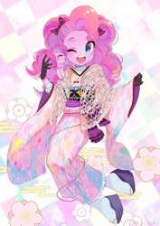 Size: 1450x2048 | Tagged: safe, artist:yam, character:pinkie pie, species:earth pony, species:pony, my little pony:equestria girls, clothing, cute, eyes closed, female, kimono (clothing), looking at you, mare, one eye closed, open mouth, ponidox, self ponidox, solo, wink