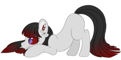 Size: 600x299 | Tagged: safe, artist:sinamuna, base used, oc, oc only, oc:virago, species:pony, blunt bangs, crouching, ear piercing, fangs, female, hime cut, mare, piercing, ponified, ponified oc, purple eyes, red sclera, redesign, slit pupils, smiling, smirk, solo, updated design, vampire, vampony