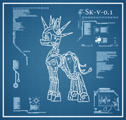 Size: 950x900 | Tagged: safe, artist:change, oc, oc only, oc:rubiont beta, species:pony, blueprint, machine, prototype, robot, robot pony, technology
