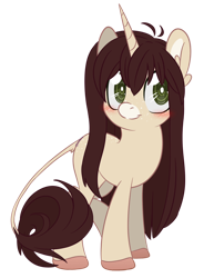 Size: 600x817 | Tagged: safe, artist:sinamuna, base used, oc, oc only, oc:cinnamon fawn, ponysona, species:pony, species:unicorn, blushing, brown hair, colored hooves, female, green eyes, hazel eyes, horn, leonine tail, long hair, smiling, solo