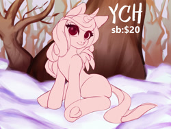 Size: 1200x900 | Tagged: safe, artist:yasuokakitsune, oc, species:alicorn, species:pony, advertisement, commission, cutie, forest, looking at you, scenery, sitting, snow, solo, tree, winter, ych example, your character here