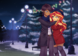 Size: 3500x2500 | Tagged: safe, artist:lucy-tan, character:sunset shimmer, oc, oc:hemlock, my little pony:equestria girls, beanie, bench, blushing, canon x oc, christmas, christmas lights, clothing, commission, cute, female, hat, holiday, interracial, lamppost, lipstick, male, night, pants, scarf, snow, stars