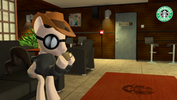 Size: 2560x1440 | Tagged: safe, artist:wolfthepredator, oc, oc:electro-crit, ponysona, species:pony, 3d, clothing, coffee, couch, gmod, goggles, hat, jacket, male, medic, source filmmaker, starbucks, team fortress 2