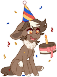 Size: 1048x1408 | Tagged: safe, artist:dusty-onyx, oc, oc:choco mocca, species:earth pony, species:pony, cake, clothing, female, food, hat, mare, party hat, simple background, solo, transparent background