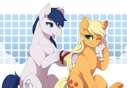 Size: 2622x1825 | Tagged: safe, artist:mr-tiaa, character:applejack, oc, oc:constance everheart, species:earth pony, species:pony, brushing, brushing mane, canon x oc, couple, cute, everjack, female, jackabetes, loose hair, male, mare, shipping, stallion, straight, towel, wet mane