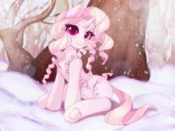 Size: 2560x1920 | Tagged: safe, artist:yasuokakitsune, oc, oc only, oc:dixie, species:pony, species:unicorn, commission, cute, cutie, forest, frog (hoof), hooves, looking at you, scenery, sitting, snow, snowfall, solo, tree, underhoof, winter, ych result