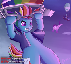 Size: 2000x1800 | Tagged: safe, artist:theunconsistentone, character:rainbow dash, oc, oc:pulse, species:pegasus, species:pony, clothing, fortnite, glider, sky, skydiving, smiling, vest