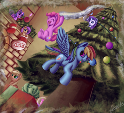 Size: 2200x2000 | Tagged: safe, artist:theunconsistentone, character:applejack, character:fluttershy, character:pinkie pie, character:rainbow dash, character:rarity, character:twilight sparkle, character:twilight sparkle (alicorn), species:alicorn, species:earth pony, species:pegasus, species:pony, species:unicorn, christmas, christmas lights, christmas presents, christmas tree, clothing, decorating, decoration, holiday, mane six, micro, present, socks, tiny, tiny ponies, tree