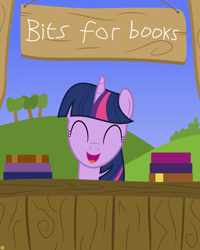 Size: 4000x5000 | Tagged: safe, artist:devfield, character:twilight sparkle, species:pony, absurd resolution, bits, book, bookhorse, bush, cute, eyes closed, female, happy, hill, show accurate, sign, sky, smiling, solo, stall, tree, twiabetes, vector, vendor, wood, yay