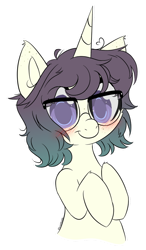Size: 600x1029 | Tagged: safe, artist:sinamuna, oc, oc only, oc:ana-mae, species:pony, species:unicorn, blushing, brown hair, bust, freckles, glasses, gradient hair, green hair, hooves to the chest, horn, purple eyes, short hair, smiling, solo, ych result