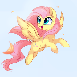 Size: 1986x1986 | Tagged: safe, artist:aureai, character:fluttershy, species:pegasus, species:pony, chest fluff, cute, ear fluff, feather, female, fluffy, flying, gray background, happy, hoof fluff, leg fluff, looking up, mare, open mouth, shoulder fluff, shyabetes, simple background, smiling, solo, spread wings, tongue out, windswept mane, wing fluff, wings