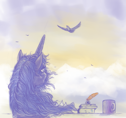 Size: 899x838 | Tagged: safe, artist:grayma1k, character:princess luna, species:alicorn, species:bird, species:pony, book, cloud, cup, dusk, female, inkwell, mare, quill, solo, windswept mane