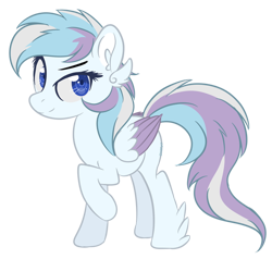 Size: 600x572 | Tagged: safe, artist:sinamuna, base used, oc, oc only, oc:snow spinner, species:pegasus, species:pony, nextgen:shiiverse, blue eyes, blue hair, colored wings, colored wingtips, feathered hooves, female, mare, multicolored hair, purple hair, redesign, smiling, smirk, solo, updated design, white hair, wing ears