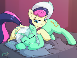 Size: 3780x2828 | Tagged: safe, alternate version, artist:danli69, character:bon bon, character:lyra heartstrings, character:sweetie drops, species:earth pony, species:pony, species:unicorn, ship:lyrabon, adorabon, bed, bedroom eyes, cute, eyes closed, female, lesbian, lyrabetes, mare, pillow, shipping, sleeping, zzz