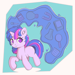 Size: 1400x1400 | Tagged: safe, artist:anonbelle, character:twilight sparkle, species:pony, beaker, bulb, female, items, looking glass, magic, magnet, notebook, redesign, smiling, solo, test tube