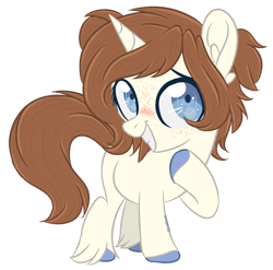 Size: 600x592 | Tagged: safe, artist:sinamuna, base used, oc, oc only, oc:bluebelle, species:pony, species:unicorn, au:equuis, blue eyes, blushing, colored hooves, female, filly, freckles, horn, mare, parent:reese dream, parent:sugar glaze, parents:sugareese, pigtails, redesign, smiling, solo, updated design