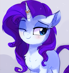 Size: 827x877 | Tagged: safe, artist:aureai, character:rarity, species:pony, species:unicorn, blank flank, blushing, bust, chest fluff, cute, ear fluff, female, floppy ears, fluffy, happy, horn ring, looking at something, mare, one eye closed, raribetes, ring, smiling, solo