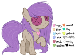 Size: 600x434 | Tagged: safe, artist:sinamuna, base used, oc, oc only, oc:mumble fluff, species:pony, ambiguous gender, au:equuis, brown fur, button eyes, color key, colt, female, filly, heart, male, moods, original species, plush pony, plushie, purple hair, redesign, sentient plushie, solo, stitches, updated design, young
