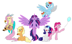Size: 3000x1849 | Tagged: safe, artist:whitehershey, character:applejack, character:fluttershy, character:pinkie pie, character:rainbow dash, character:rarity, character:twilight sparkle, character:twilight sparkle (alicorn), species:alicorn, species:draconequus, species:earth pony, species:pegasus, species:pony, species:unicorn, fanfic:my little pony: the unexpected future, amputee, augmented, balloon, both cutie marks, draconequified, female, floppy ears, flutterequus, magic, mane six, prosthetic limb, prosthetic wing, prosthetics, scar, simple background, species swap, spread wings, telekinesis, transparent background, wings