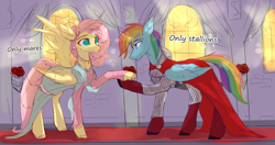 Size: 3088x1632 | Tagged: safe, artist:magicbalance, character:fluttershy, character:rainbow dash, species:pegasus, species:pony, ship:flutterdash, clothing, commission, dress, female, flutterblitz, half r63 shipping, male, mare, rainbow blitz, rule 63, shipping, stallion, straight, ych example, your character here