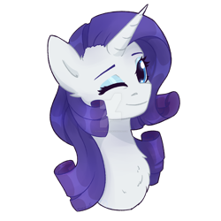 Size: 1600x1600 | Tagged: safe, artist:flysouldragon, character:rarity, species:pony, species:unicorn, bust, chest fluff, clothing, cute, deviantart watermark, female, looking at you, obtrusive watermark, one eye closed, portrait, print, raribetes, shirt, simple background, smiling, solo, t-shirt, transparent background, watermark, wink