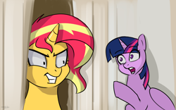 Size: 1920x1200 | Tagged: safe, artist:hardbrony, character:sunset shimmer, character:twilight sparkle, character:twilight sparkle (alicorn), species:alicorn, species:pony, species:unicorn, my little pony:equestria girls, female, gritted teeth, here's johnny, mare, meme