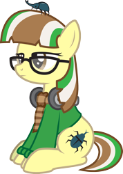 Size: 1556x2184 | Tagged: safe, artist:lightning stripe, oc, oc only, oc:beetle beat, oc:hercules, species:earth pony, species:pony, beetle, brown eyes, clothing, cutie mark, female, glasses, headphones, mare, rhinoceros beetle, scarf, show accurate, simple background, sitting, solo, sweater, this happy ending, transparent background