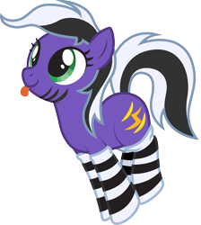 Size: 1995x2229 | Tagged: safe, artist:lightning stripe, derpibooru original, oc, oc only, oc:lightning stripe, species:earth pony, species:pony, black and white mane, blep, clothing, cross-eyed, cute, cutie mark, female, green eyes, jumping, mare, purple, show accurate, silly, simple background, socks, solo, striped socks, stripes, tongue out, transparent background