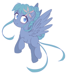 Size: 600x660 | Tagged: safe, artist:sinamuna, oc, oc only, oc:maya(aika-nee), species:pegasus, species:pony, art trade, blue eyes, blue hair, blushing, female, flower, flying, ponified oc, purple body, simple background, smiling, solo, teal hair, transparent background, wings