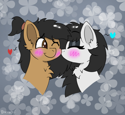 Size: 1250x1154 | Tagged: safe, artist:darkwolfhybrid, oc, oc only, oc:frostie, oc:sketcher, species:pony, blushing, bust, chest fluff, commission, disembodied head, eyes closed, head, heart, kiss on the cheek, kissing, one eye closed, ponytail, smiling