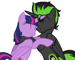 Size: 3150x2508 | Tagged: safe, artist:lightning stripe, derpibooru original, character:twilight sparkle, character:twilight sparkle (alicorn), oc, oc:midnight (dimensional shift), species:alicorn, species:pony, alicorn oc, black, canon x oc, cuddling, cute, cutie mark, eyelashes, green, horn, hug, purple, request, requested art, show accurate, simple background, tail, transparent background, wings
