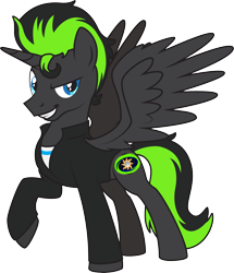 Size: 3204x3733 | Tagged: safe, artist:lightning stripe, derpibooru original, oc, oc:midnight (dimensional shift), species:alicorn, species:pony, alicorn oc, black, black coat, clothing, cowlick, cutie mark, green, horn, jacket, request, requested art, shirt, show accurate, simple background, solo, tail, transparent background, wings