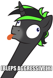 Size: 1219x1784 | Tagged: safe, artist:lightning stripe, derpibooru original, oc, oc:vortex zero, species:pony, species:unicorn, black, black coat, blep, blue eyes, caption, derp, horn, image macro, impact font, meme, show accurate, silly, silly face, silly pony, simple background, solo, text, tongue out, transparent background